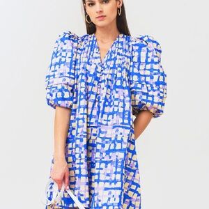 HUNTER BELL Blue & Cream Checked Puff-Sleeve Mini Dress